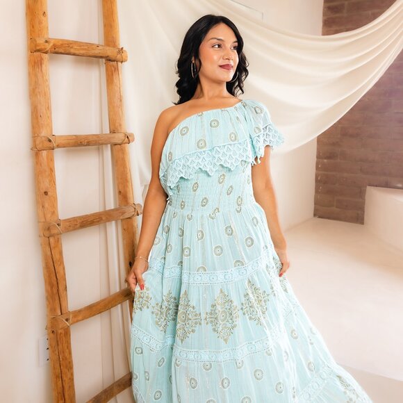 Boho Mint Green Maxi Dress Off Shoulder Ruffle Lace Print Smocked Waist‎ Size S - Picture 5 of 7